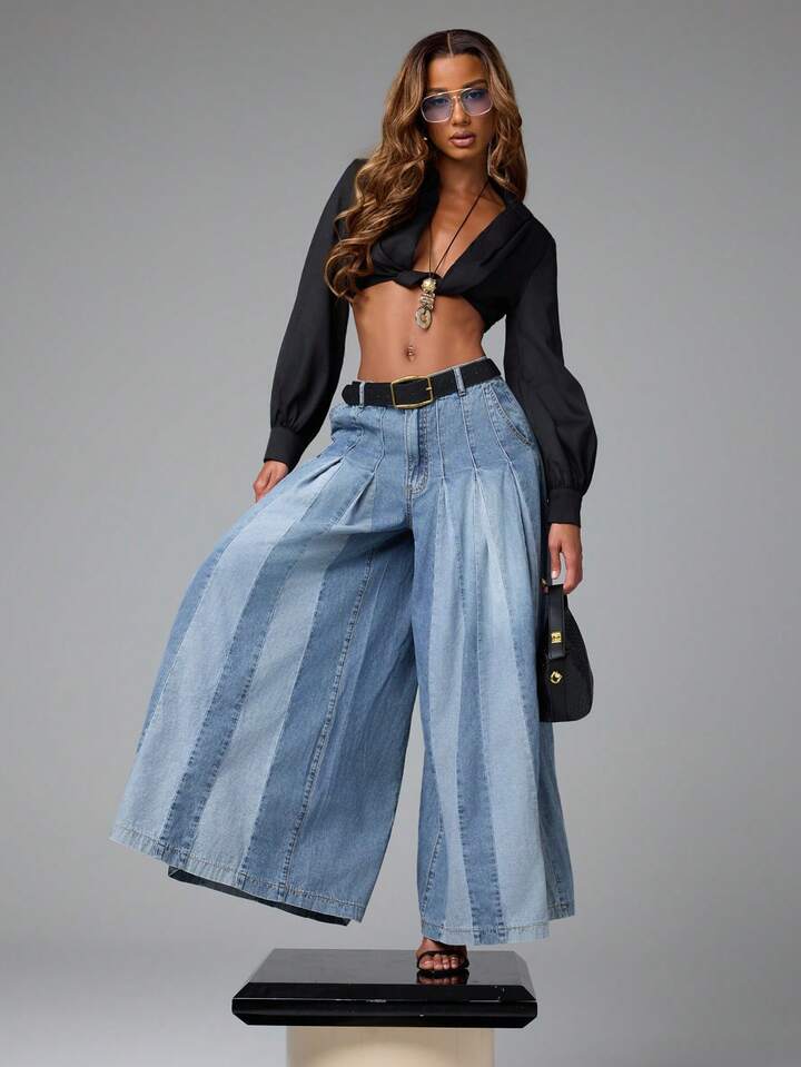 CM-BS851606 Women Casual Seoul Style Medium Wash Two Tone Color Block Wide Leg Flowy Baggy Jeans