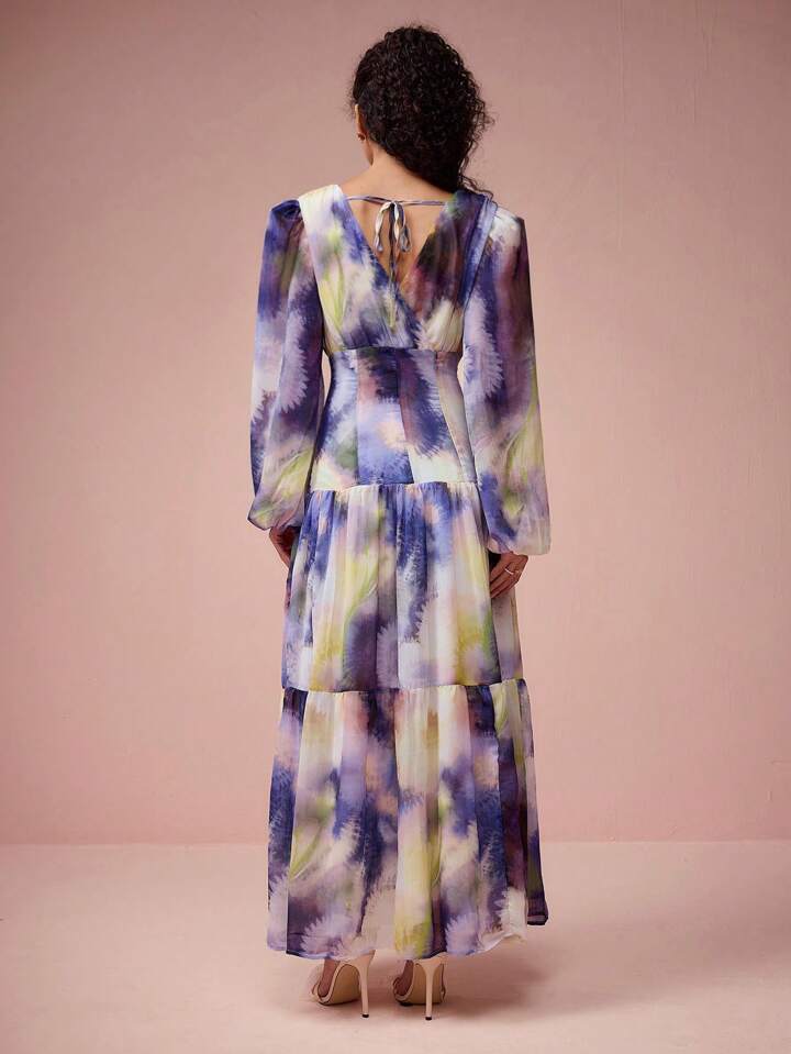 CM-DS748264 Women Elegant Seoul Style V-Neck Lantern Sleeve Dye Print A-Line Maxi Dress