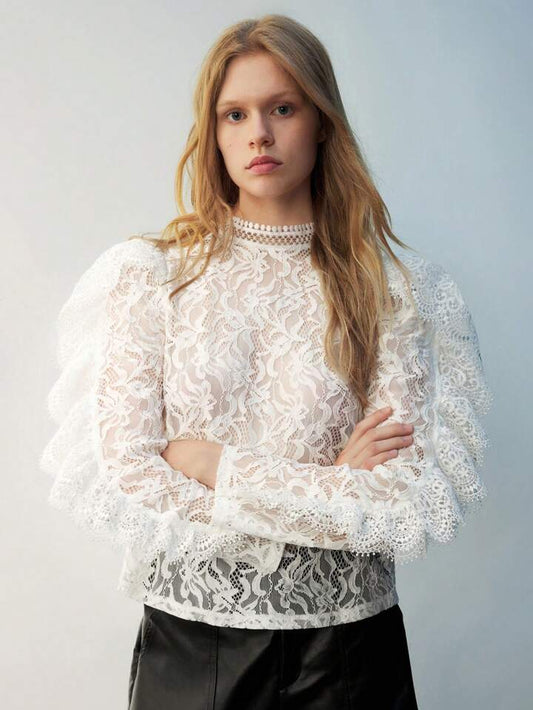 CM-TS396931 Women Elegant Seoul Style Button Back Long Sleeve Embroidery Sheer Blouse - White