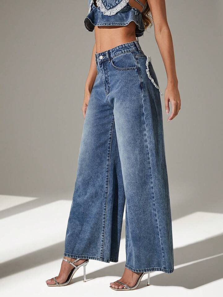 CM-BS454761 Women Casual Seoul Style Washed Heart Shape Ruffle Hem Wide Leg Jeans