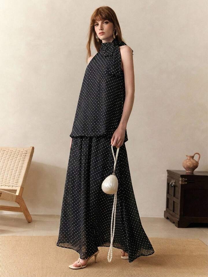 CM-BS501944 Women Trendy Bohemian Style Chiffon Polka Dot Print Sleeveless Halter Neck Top With Skirt - Set