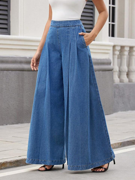 CM-BS481900 Women Casual Seoul Style Medium Wash High Waist Pleated Wide-Leg Jeans