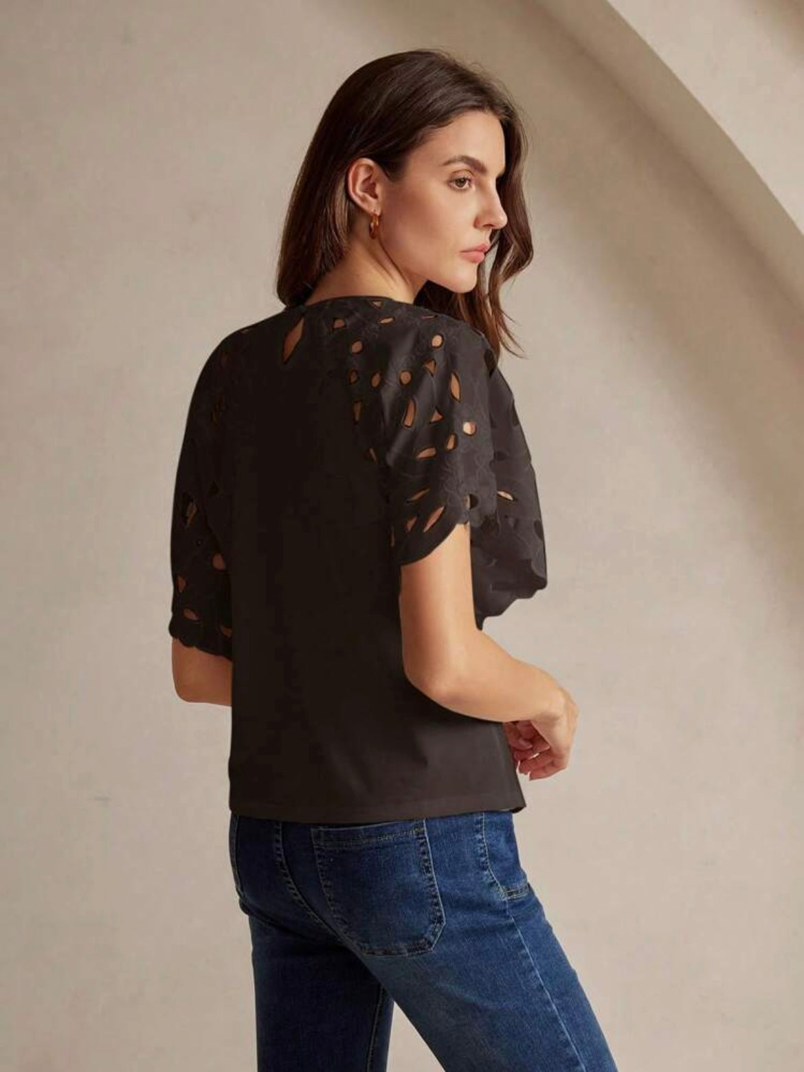 CM-TS648548 Women Elegant Seoul Style Solid Color Hollow-Out Short Sleeve T-Shirt - Coffee Brown