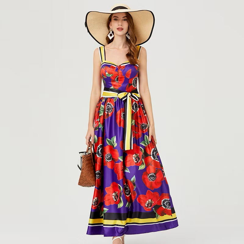 CM-DY007761 Women Casual European Style Floral Prnts Square Neck Sleeveless High Waist Slim Maxi Dress (Available in 2 colors)