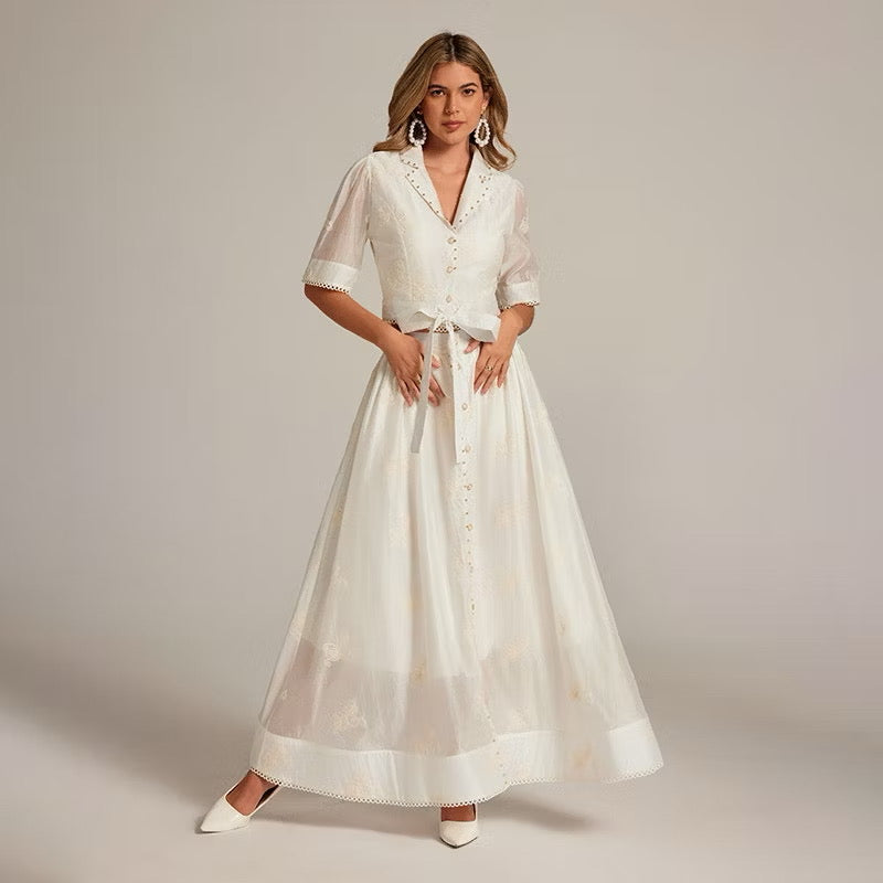 CM-SY035589 Women Elegant European Style Collar Neckline Half Sleeve Beads Decor Blouse With High Waist Long Skirt - Set