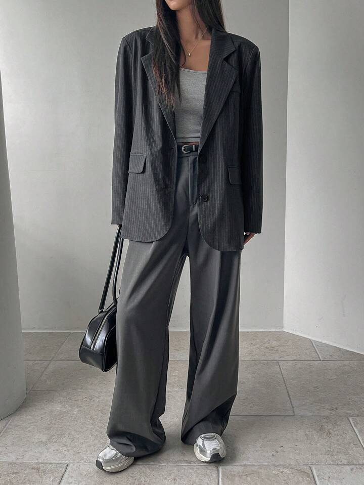 CM-CS910221 Women Elegant Seoul Style Striped Lapel Neckline Long Sleeve Suit Jacket - Gray