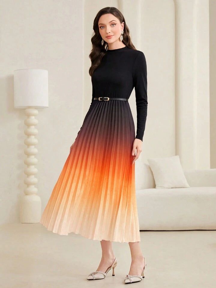 CM-DS739929 Women Elegant Seoul Style Stand Collar Gradient Ruffle Hem Midi Dress