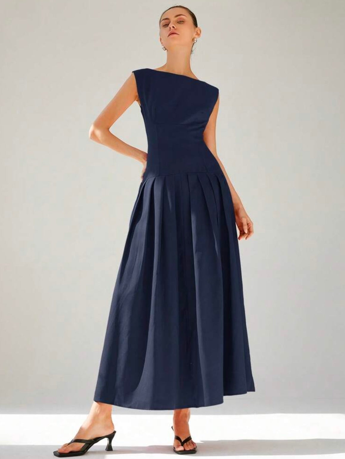 CM-DS247303 Women Elegant Seoul Style Boat Neck Sleeveless Ruched Low-Waist Ruffled Hem Maxi Dress - Navy Blue