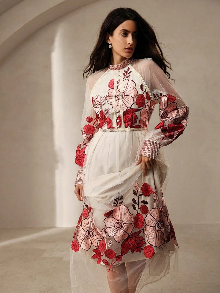 CM-DS065061 Women Trendy Bohemian Style Floral Embroidery Sequin Lace Border Maxi Dress
