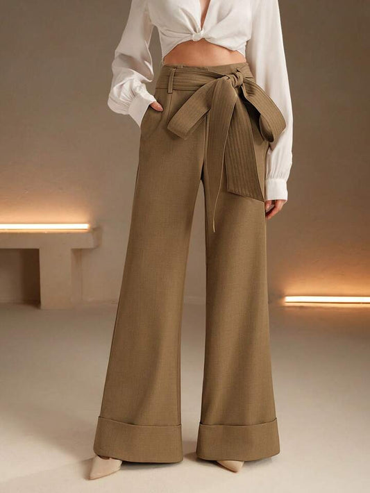 CM-BS011306 Women Elegant Seoul Style High Waist Belted Wide Leg Pants - Khaki