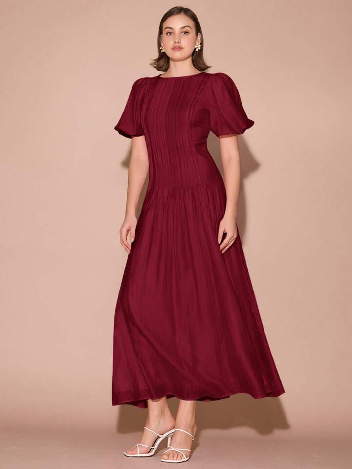 CM-DS101609 Women Elegant Seoul Style Round Neck Bubble Pleat Puff Long Sleeve Maxi Dress - Burgundy