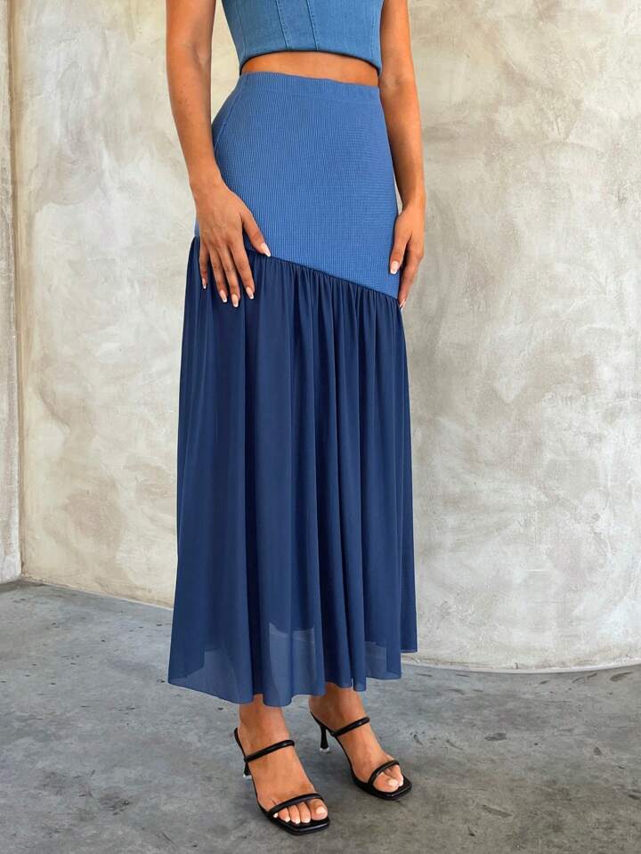 CM-BS333854 Women Casual Seoul Style Mesh Knitted Color Blocking Long Skirt - Blue