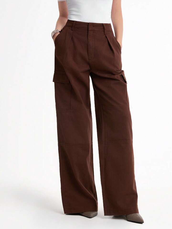 CM-BS659057 Women Casual Seoul Style High Waist Loose Wide-Leg Cargo Jeans - Coffee Brown