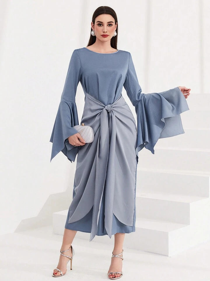 CM-DS044444 Women Elegant Seoul Style Irregular Bell Sleeve Tied Front Dress - Blue
