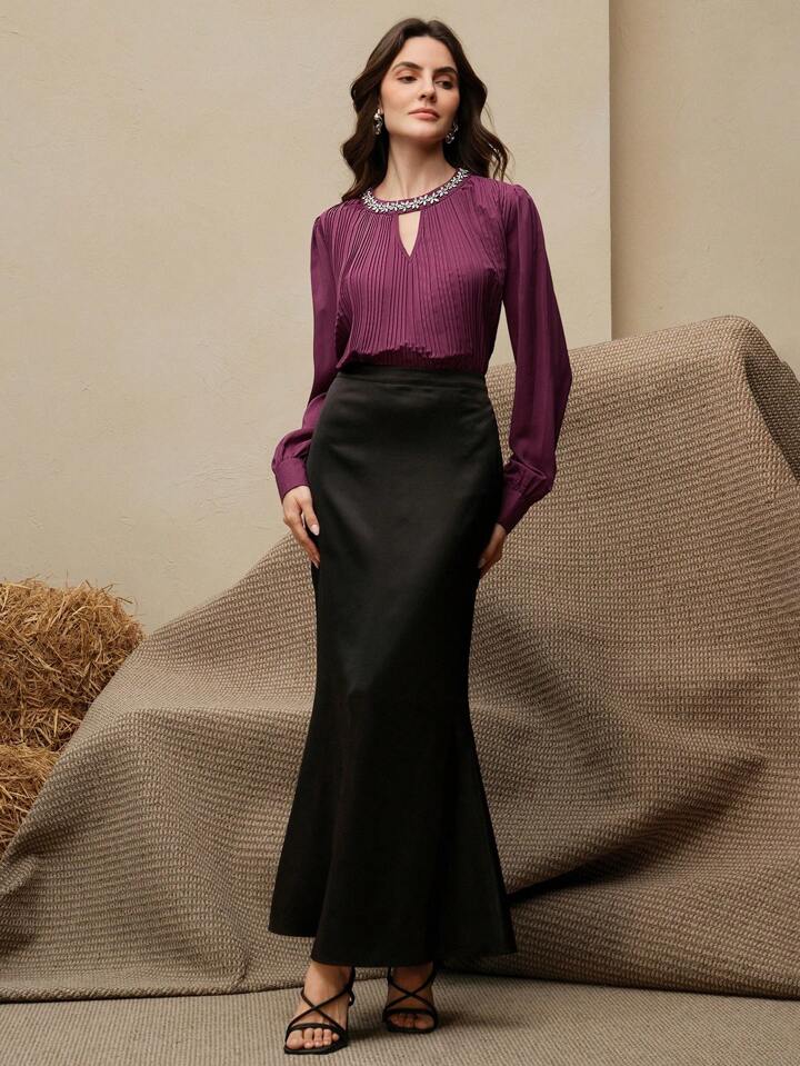 CM-TS222244 Women Elegant Seoul Style Round Neck Embroidered Studded Pleated Long Sleeve Chiffon Blouse - Purple