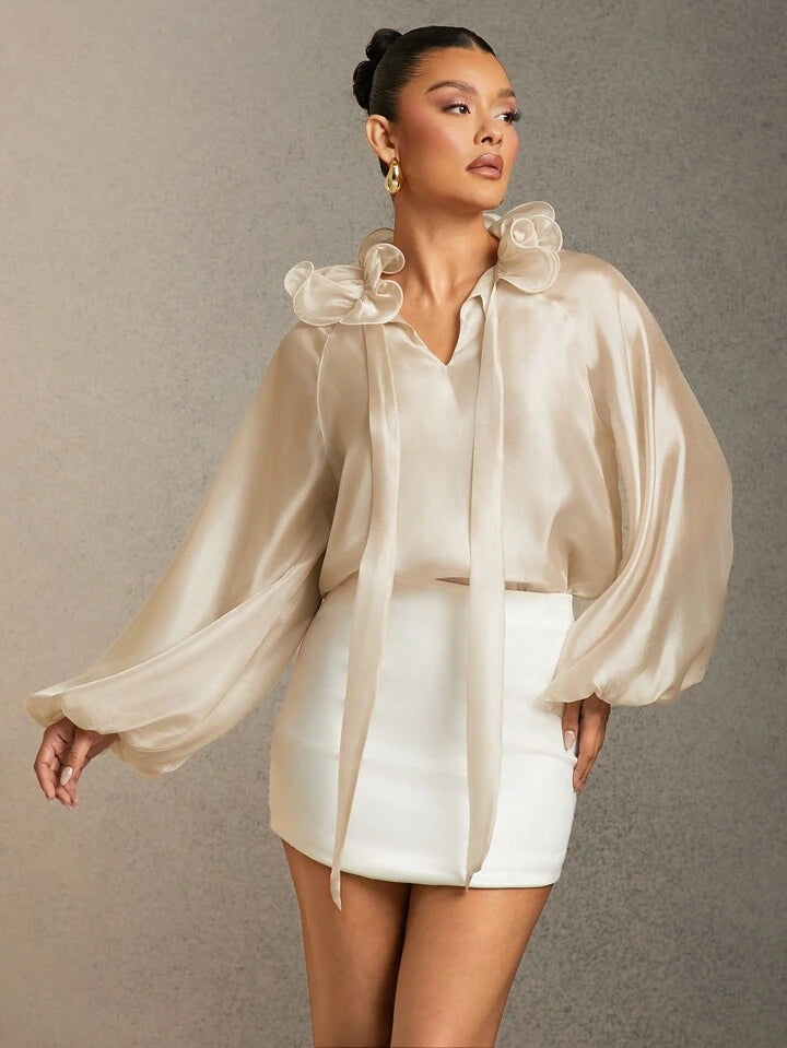 CM-TS757854 Women Elegant Seoul Style Solid Color Ruffle Trim Tie Neck Lantern Sleeve Blouse - Apricot