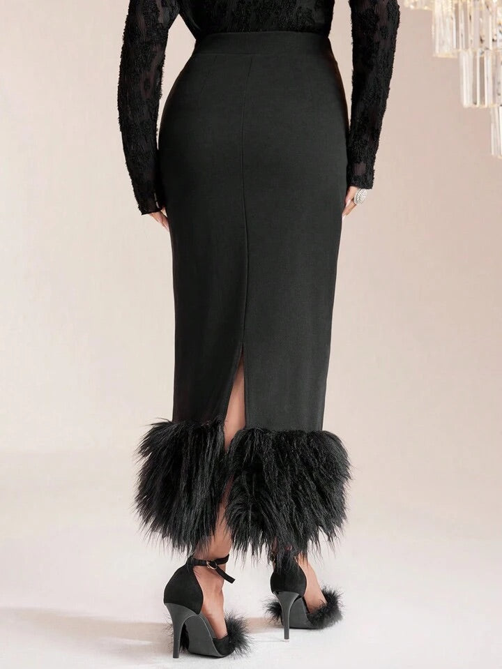 CM-BS738020 Women Elegant Seoul Style High Waist Fuzzy Hem Skirt - Black