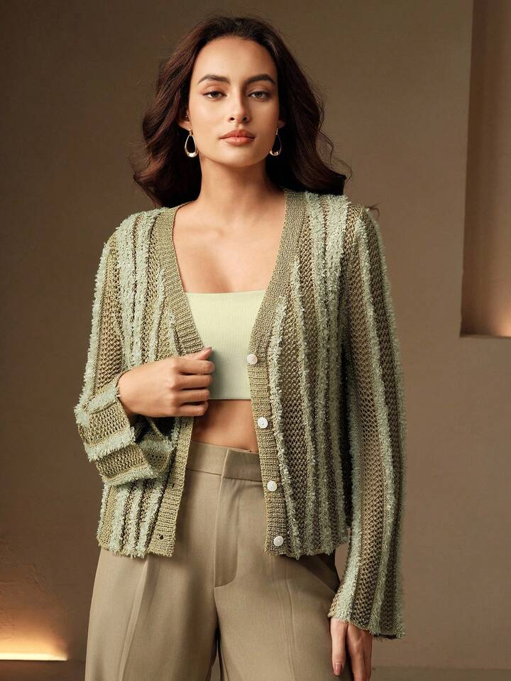 CM-CS844479 Women Casual Seoul Style V-Neck Long Sleeve Single-Breasted Striped Hollow Out Knitted Cardigan