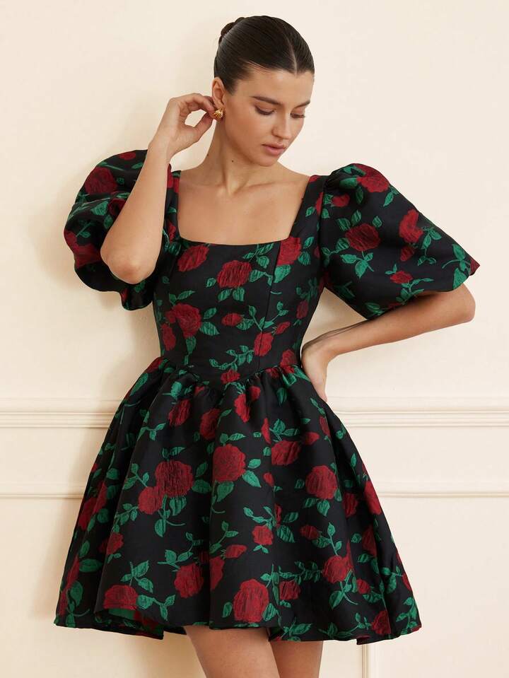 CM-DS647648 Women Elegant Seoul Style Contrast Color Floral Jacquard Square Collar Puff Sleeve Short Dress