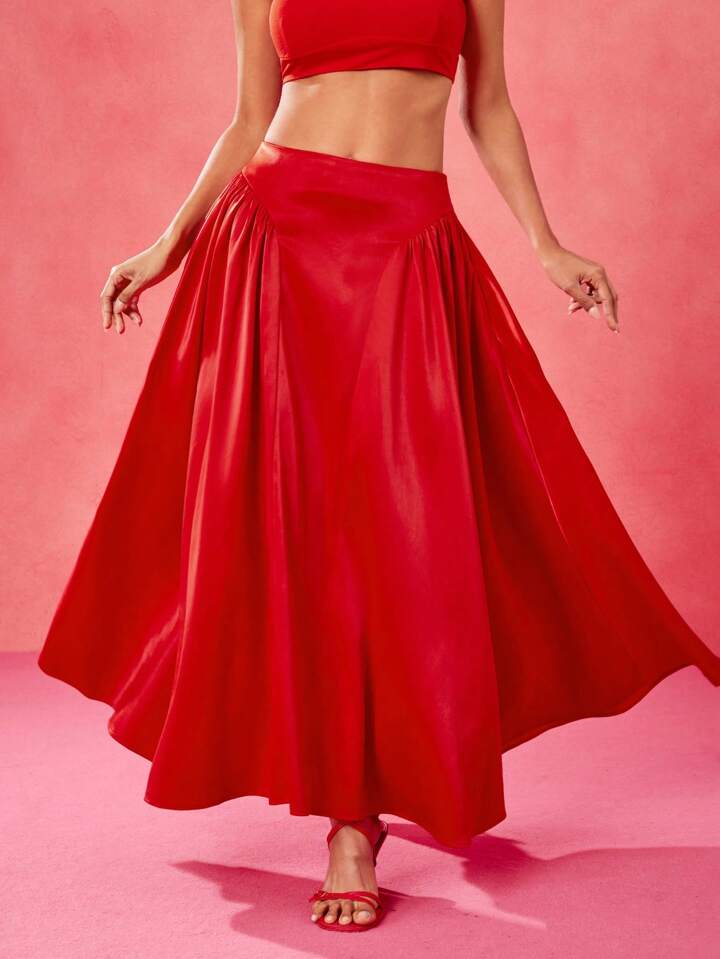CM-BS154219 Women Elegant Seoul Style Satin High Waist A Line Rave Long Skirt - Red