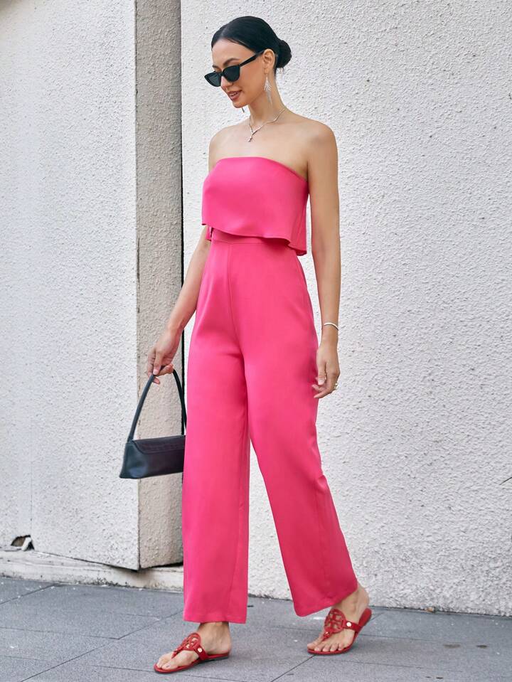 CM-JS999192 Women Casual Soeul Style Strapless High Waist Loose Jumpsuit - Hot Pink