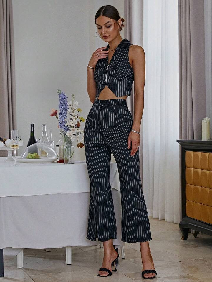 CM-SS108978 Women Elegant Seoul Style Vertical Striped Vest With Split Flared Pants Set - Black