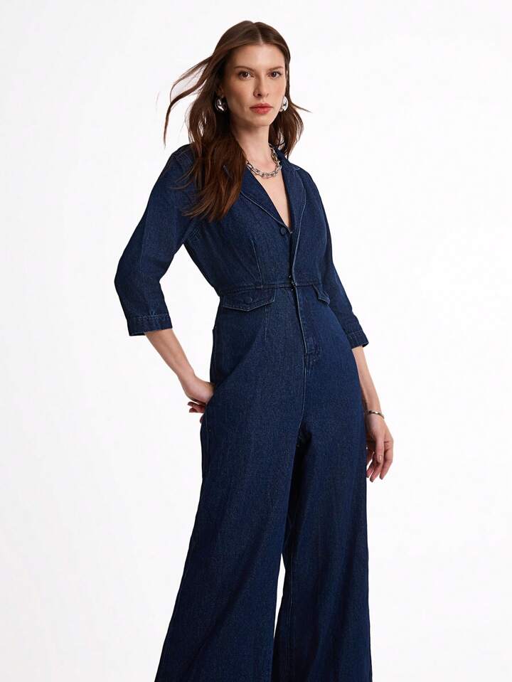 CM-JS431694 Women Casual Seoul Style Dark Wash Lapel Neckline 3/4 Sleeve Denim Flare Jumpsuit
