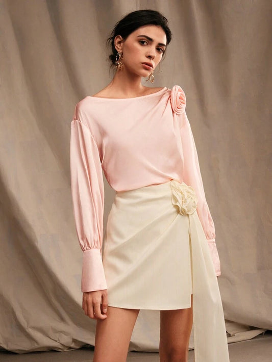CM-TS495119 Women Elegant Seoul Style Exquisite 3D Floral Asymmetric Design Shirt - Pink