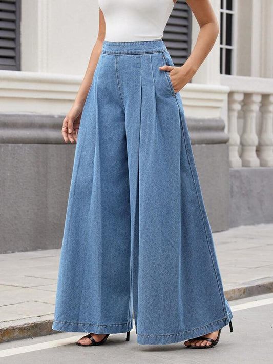 CM-BS082892 Women Casual Seoul Style Light Wash High Waist Pleated Wide-Leg Jeans