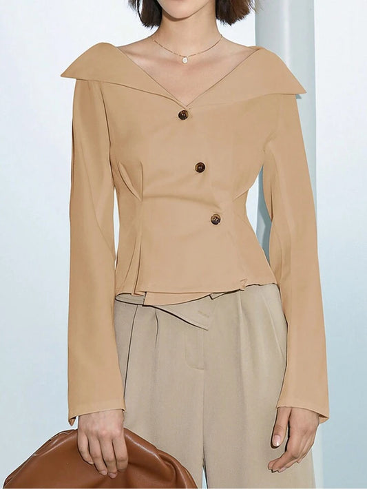 CM-TS767698 Women Elegant Seoul Style V-Neck Solid Color Long Sleeve Shirt - Khaki