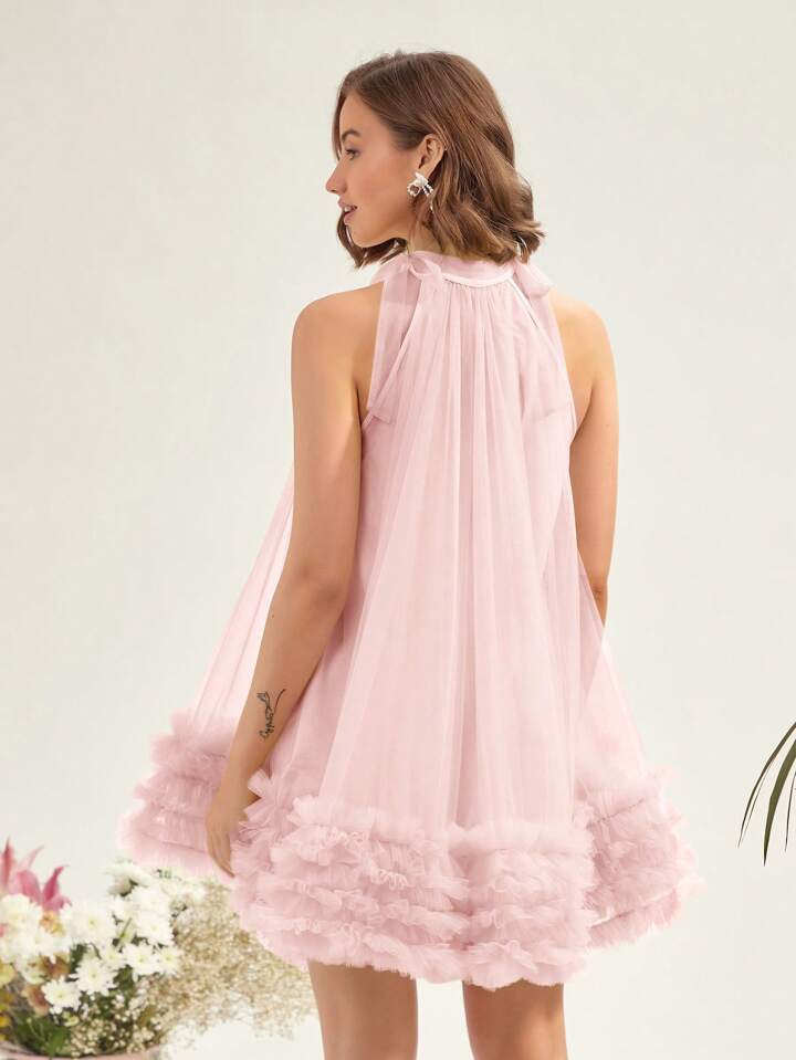 CM-DS049701 Women Elegant Seoul Style Multi-Layered Mesh Halter Neck Dress - Pink