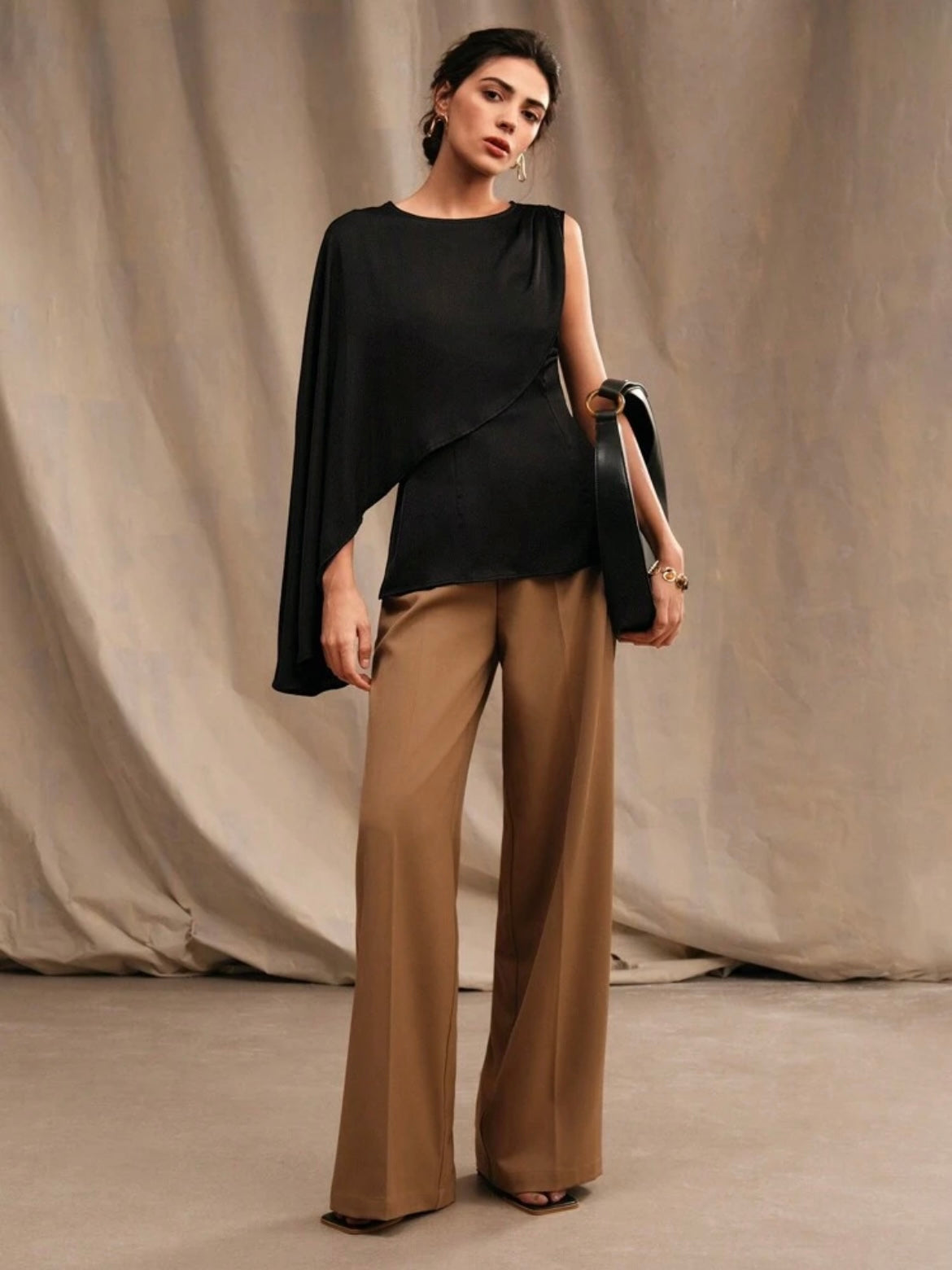 CM-TS321600 Women Elegant Seoul Style Round Neck Solid Color One-Shoulder Shirt - Black