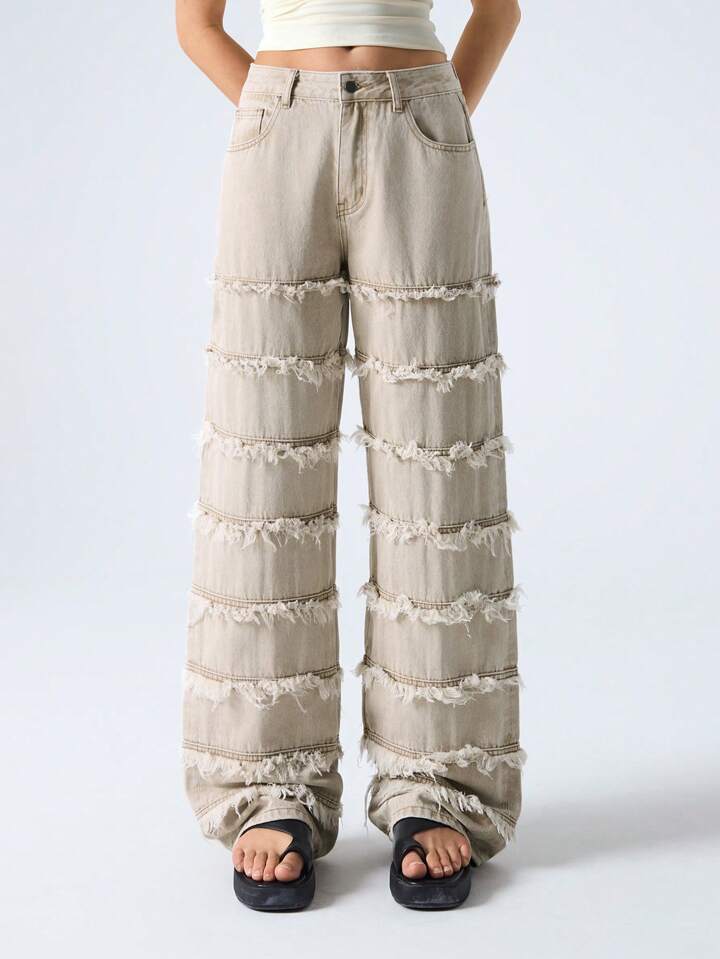 CM-BS705533 Women Casual Seoul Style Pocket Fray Hem Relaxed Straight Leg Jeans - Khaki