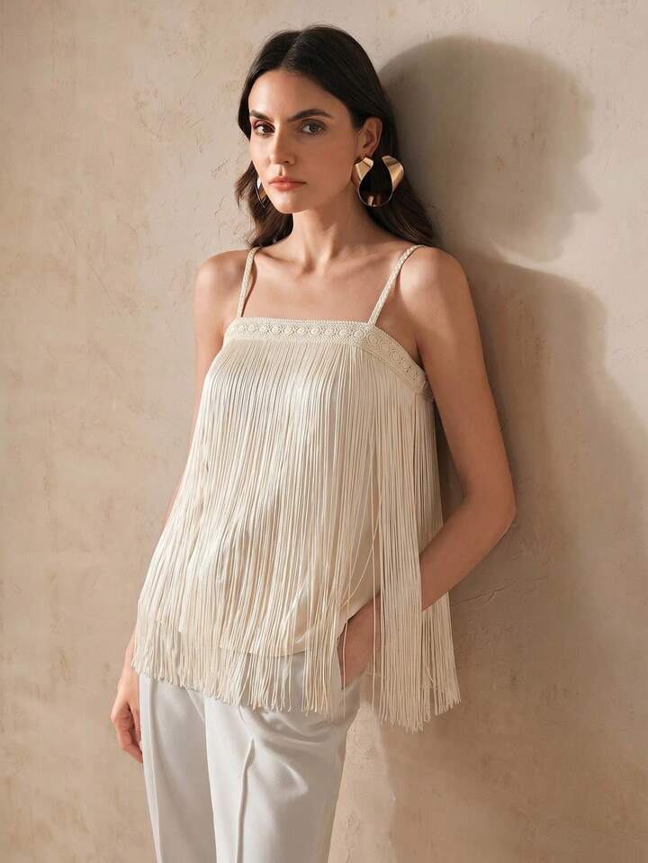 CM-TS027944 Women Elegant Seoul Style Tassel Contrast Lace Off-Shoulder Sleeveless Trim Tank Top - Apricot