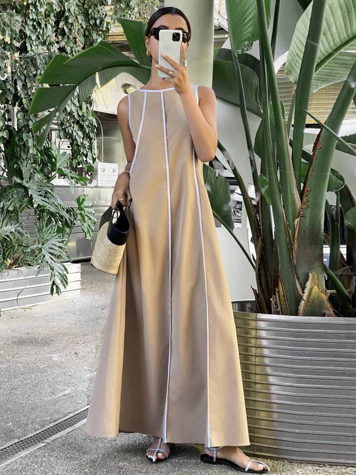 CM-DS310309 Women Casual Seoul Style Color-Conflicting Panels Sleeveless Loose Long Dress - Khaki