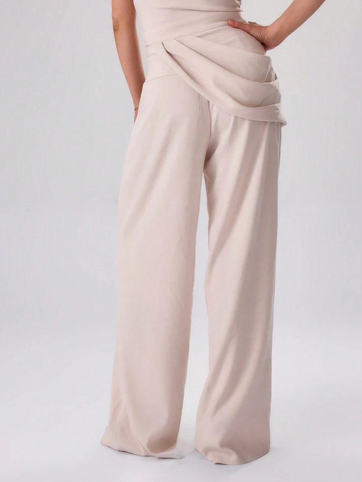 CM-BS666566 Women Casual Seoul Style Woven Tailored Straight Leg Trousers - Apricot