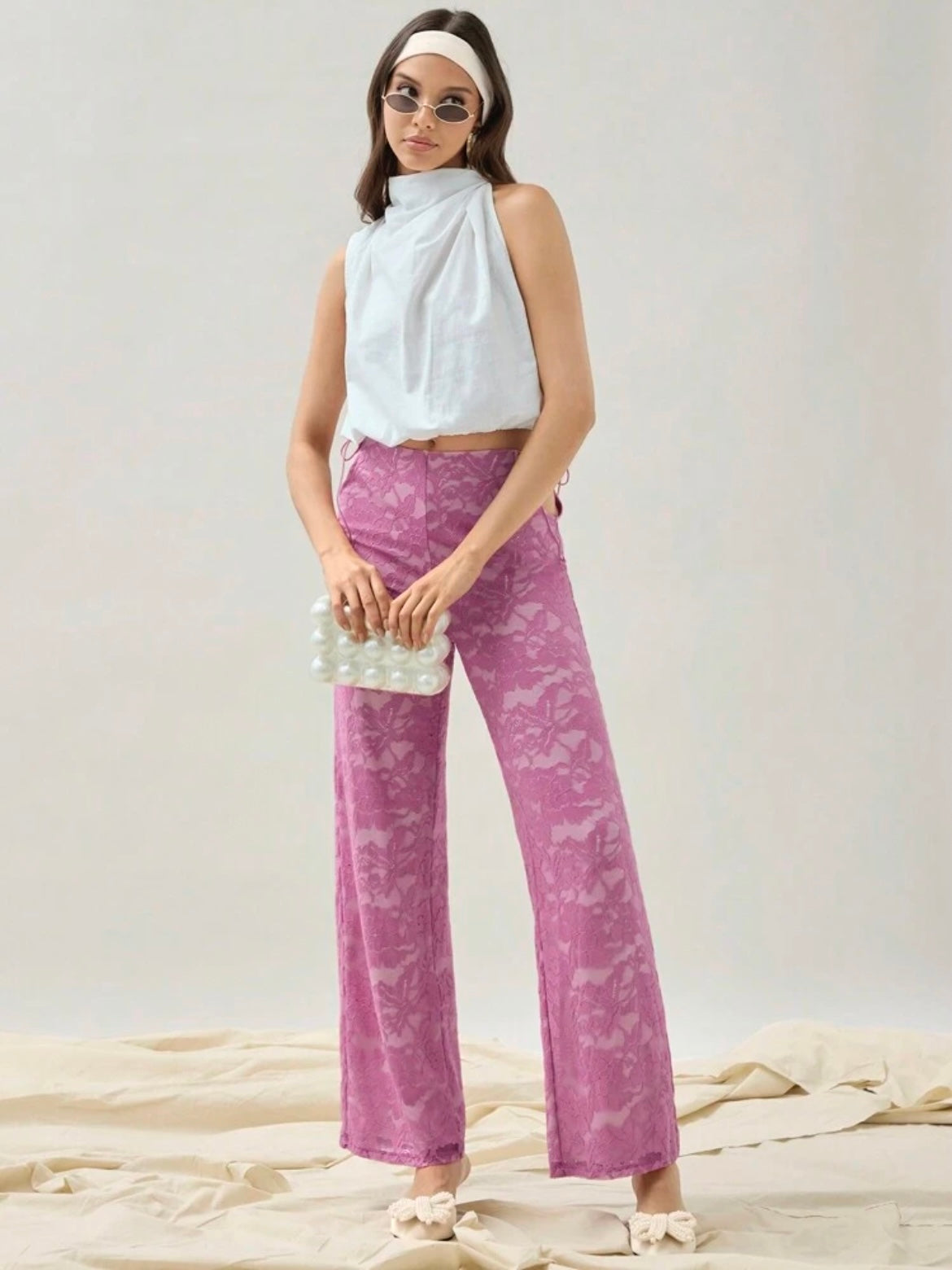 CM-BS032552 Women Elegant Seoul Style Cut Out Droop Waist Hollow Lace Straight Pants - Pink