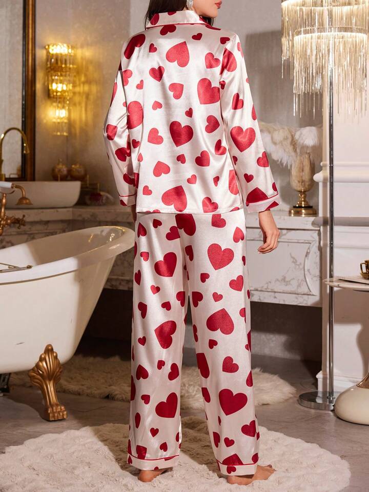 CM-LS986023 Women Trendy Seoul Style Heart Print Faux Silk Lapel Cardigan With Long Pants Pajama Set