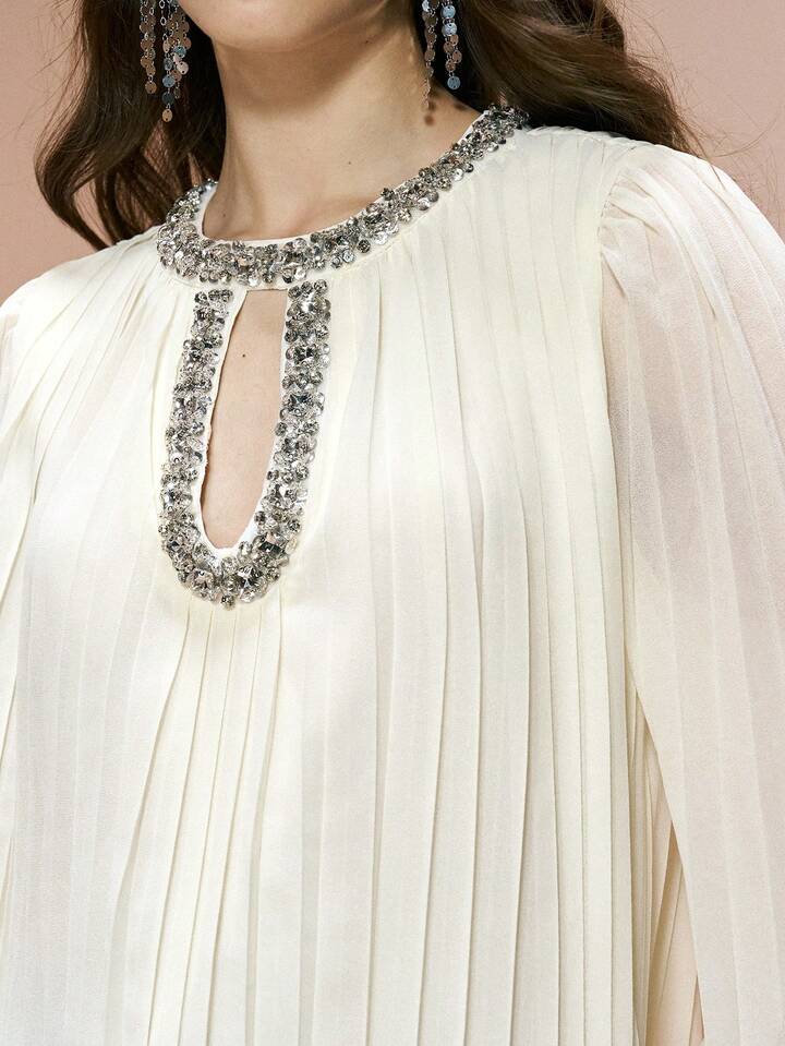 CM-TS001543 Women Elegant Seoul Style Round Neck Long Sleeve Pleated Cutout Rhinestone Embellished Chiffon Top