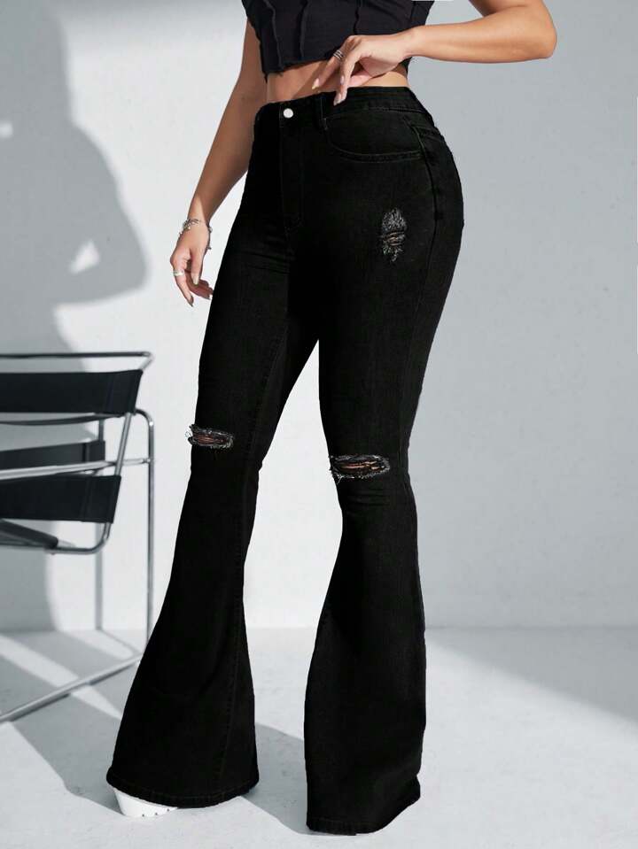 CM-BS577768 Women Casual Seoul Style Solid Color Frayed Hem Skinny Flared Jeans - Black
