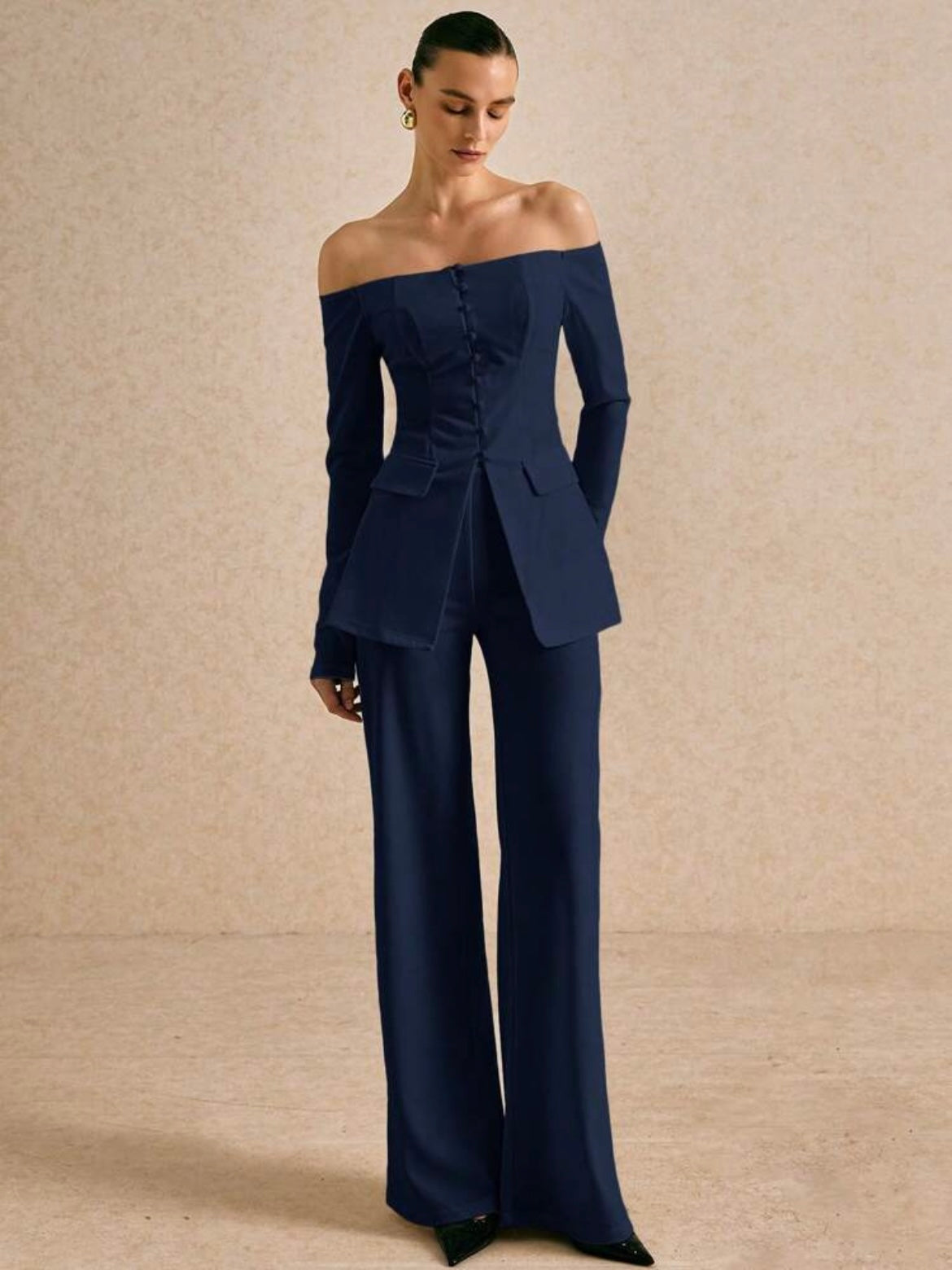 CM-SS319241 Women Elegant Seoul Style Solid Color Off Shoulder Long Sleeve Single Breasted Blazer With Pants - Set