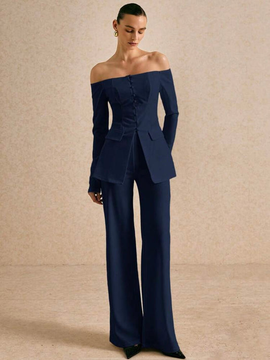 CM-SS319241 Women Elegant Seoul Style Solid Color Off Shoulder Long Sleeve Single Breasted Blazer With Pants - Set