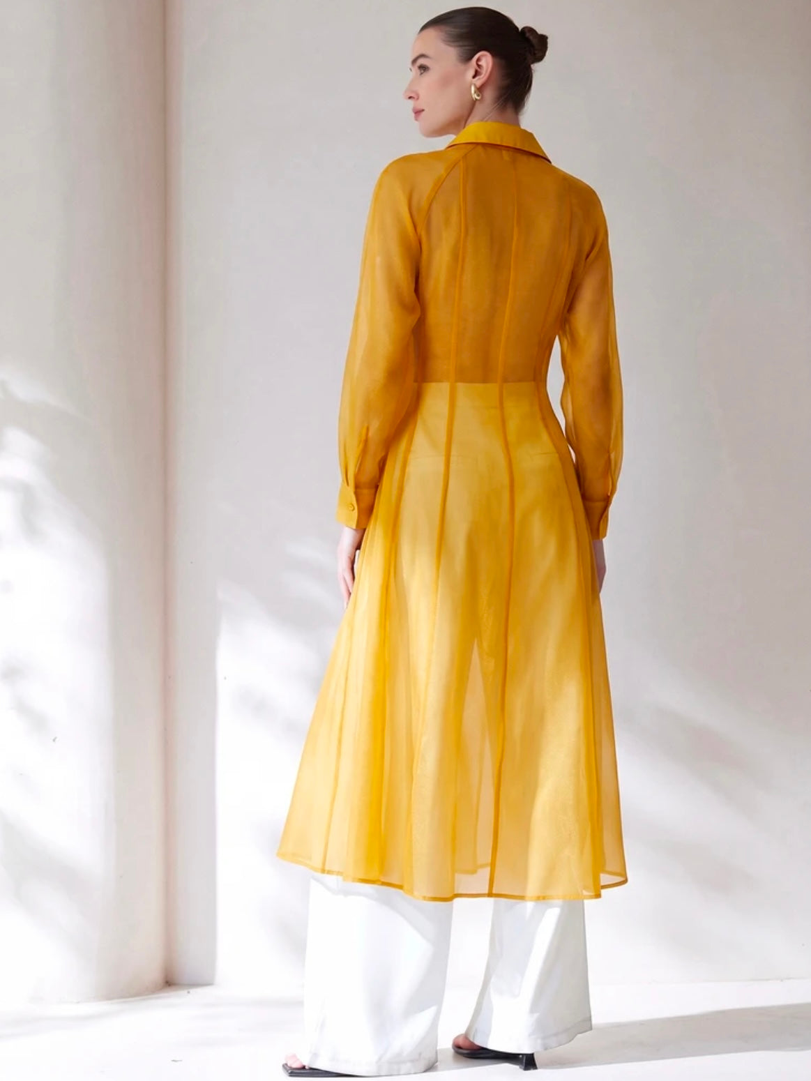 CM-TS234034 Women Casual Seoul Style Translucent Textured V-Neck Long Sleeve Gathered Waist Shirtdress - Yellow