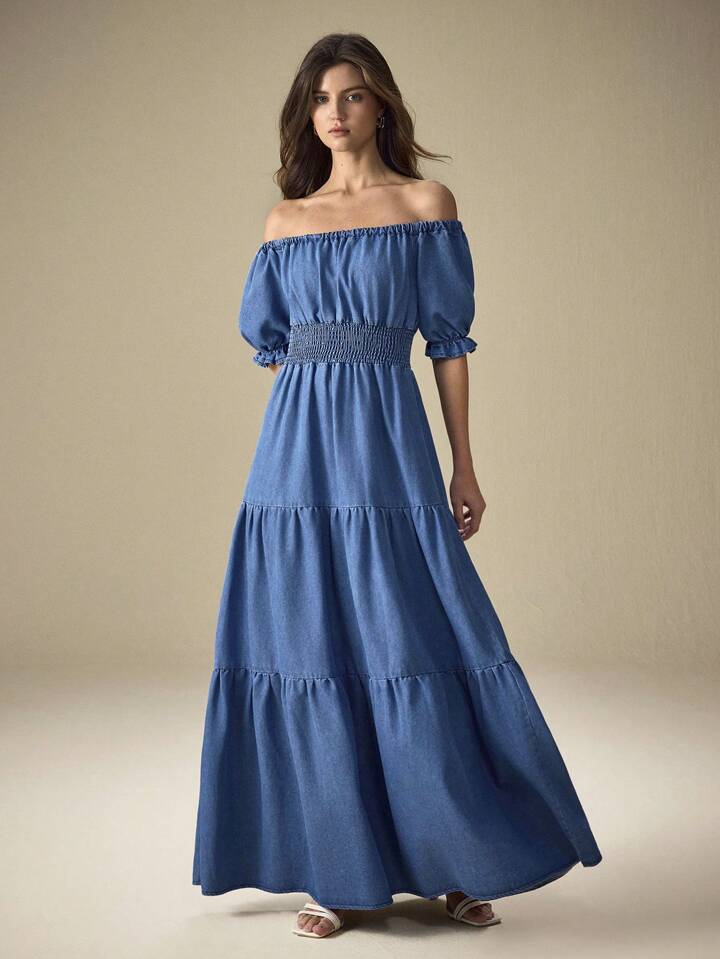 CM-DS553658 Women Trendy Bohemian Style Off-Shoulder Short Puff Sleeve Waist Gathered Long Denim Dress - Blue