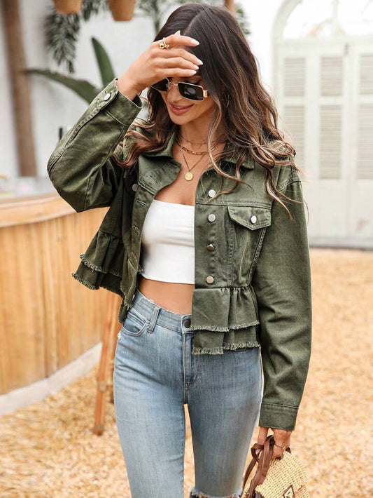 CM-CS397097 Women Casual Seoul Style Solid Color Frayed Edge Button Front Long Sleeve Denim Jacket