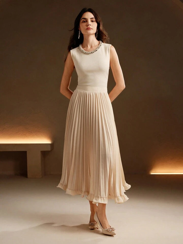 CM-BS741398 Women Elegant Seoul Style Pleated Woven Ruffle Hem Long Skirt - Apricot