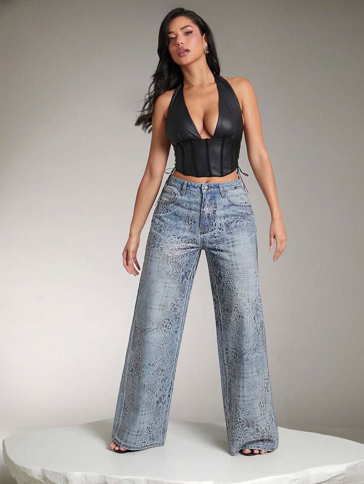 CM-BS802901 Women Casual Seoul Style Leopard Plaid Foil Print High Waist Wide Leg Denim Jeans