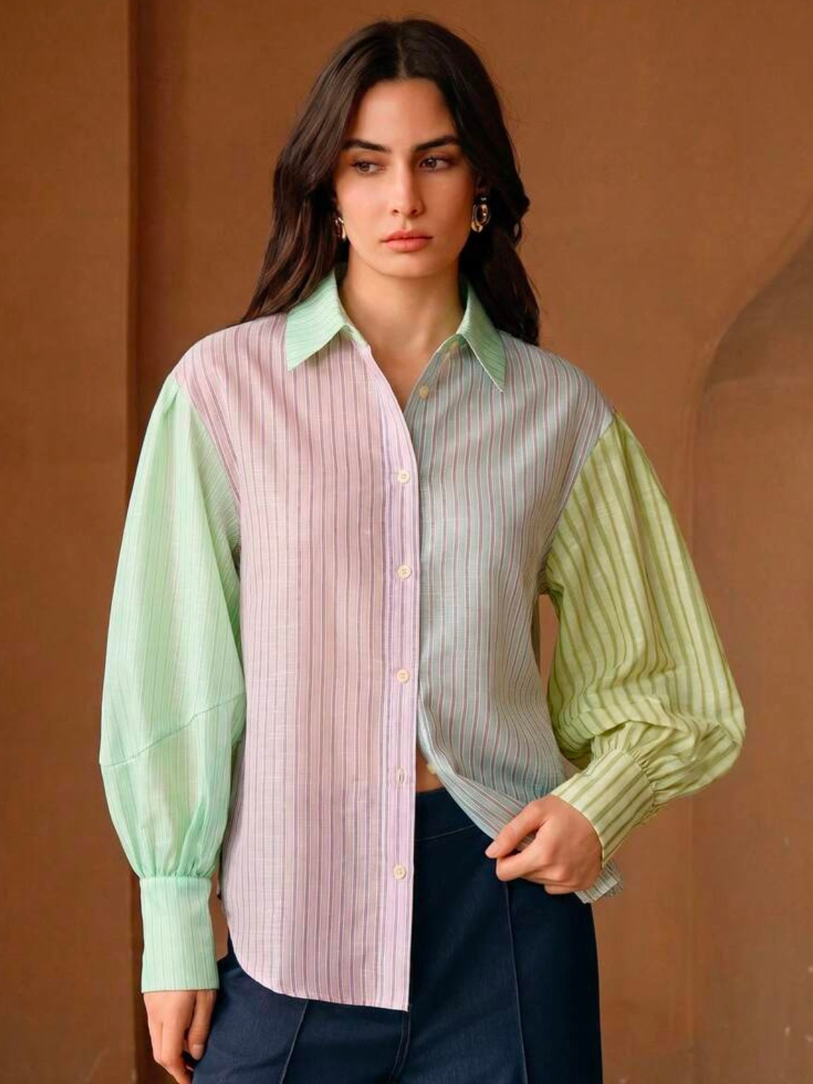 CM-TS613303 Women Elegant Seoul Style Asymmetrical Patchwork Polo Collar Lantern Sleeve Striped Shirt