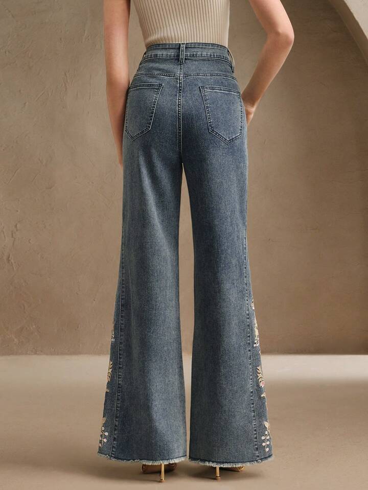 CM-BS720720 Women Elegant Seoul Style Floral Embroidered High Waist Wide Leg Denim Jeans - Blue