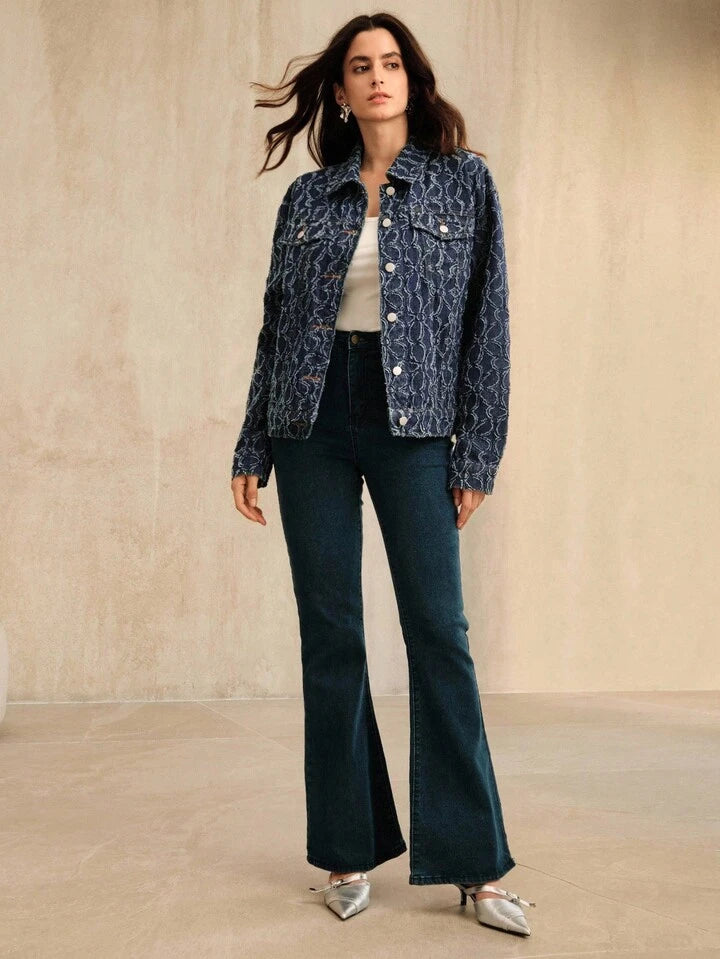 CM-CS134419 Women Casual Seoul Style Collar Neckline Long Sleeve Jacquard Denim Jacket - Blue